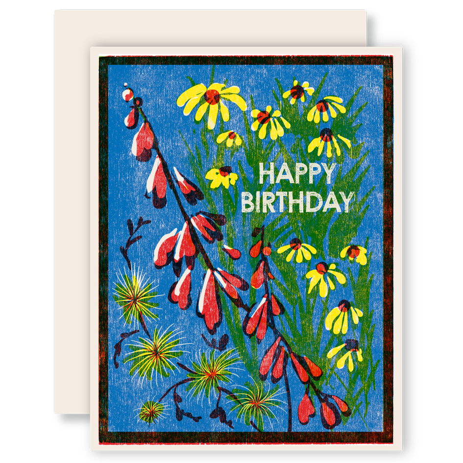 Happy Birthday Blue Sky Wildflowers Letterpress Card
